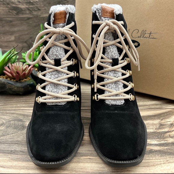 NIB Dr Scholls Loni Lace Up Combat Boots Bootie Heeled Black Suede - Picture 4 of 13